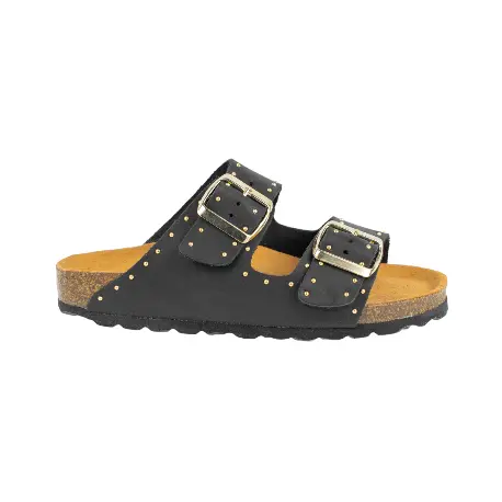 Sandalia bio mujer con doble hebilla en piel negra y tachuelas