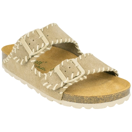 Sandalia bio hebilla mujer Autenti en piel beige con pespunte