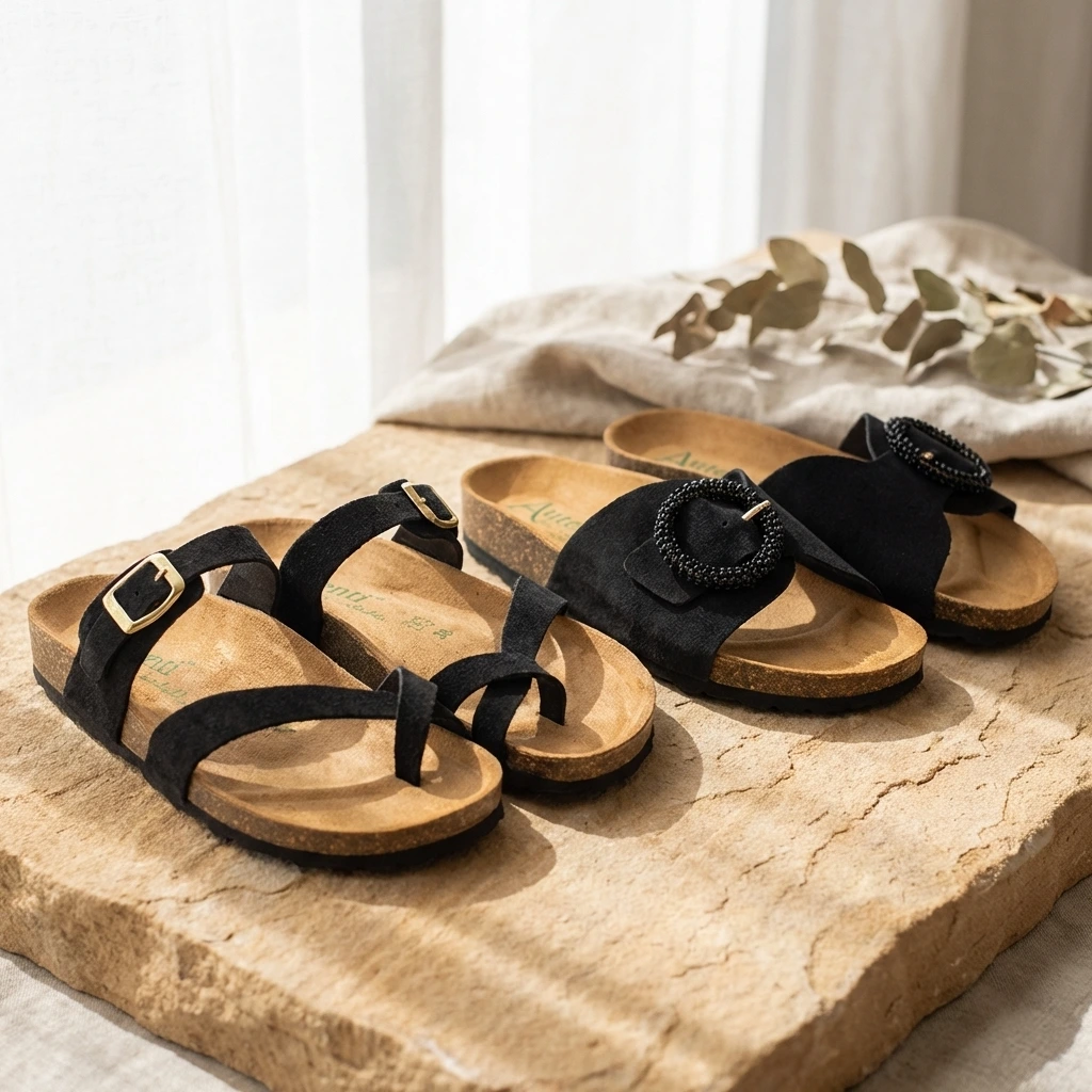 Sandalia bio negra mujer de piel con hebilla plateada