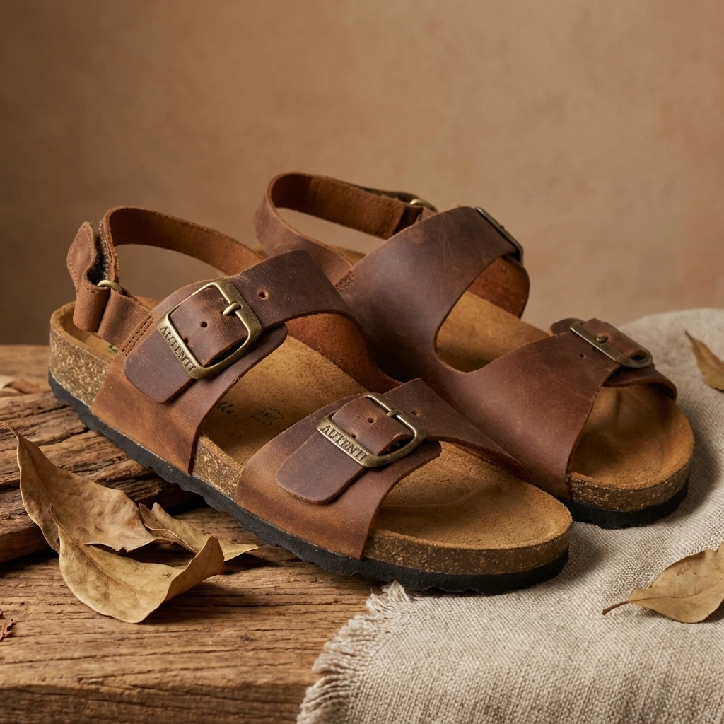 Sandalia bio mujer en piel camel con doble hebilla dorada
